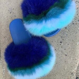 Blue Hannah Real Fur Slides sizes 7.5,8,8.5 only